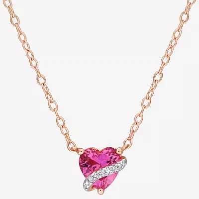 Womens Diamond Accent Lab Created Pink Sapphire 18K Rose Gold Over Silver Heart Pendant Necklace