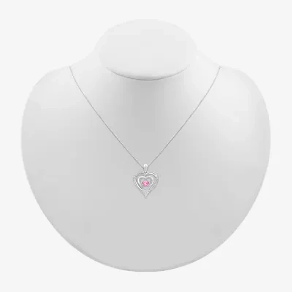 Womens Diamond Accent Lab Created Pink Sapphire Sterling Silver Heart Pendant Necklace