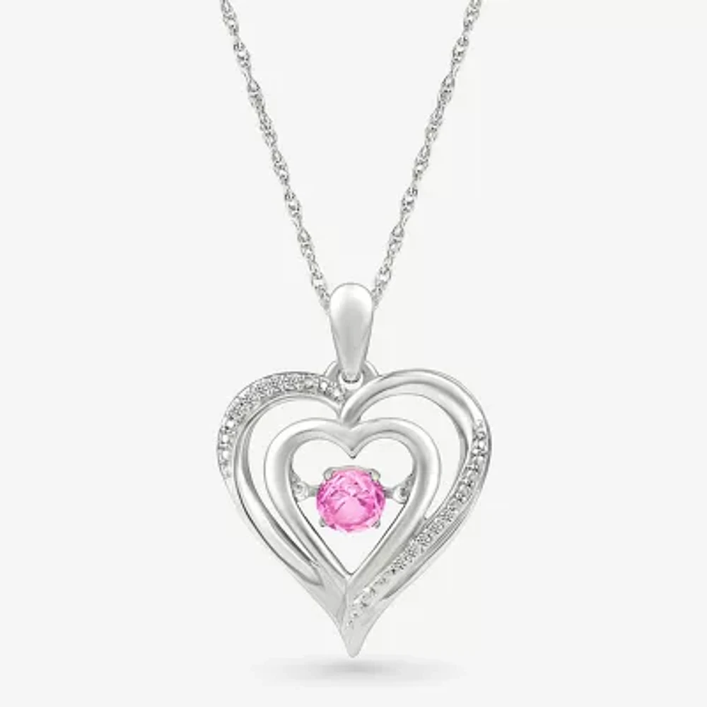 Womens Diamond Accent Lab Created Pink Sapphire Sterling Silver Heart Pendant Necklace