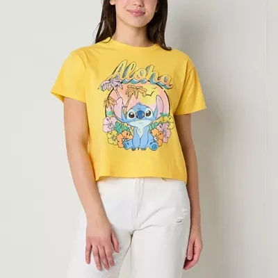 Juniors Stitch Aloha Cropped Tee Womens Crew Neck Short Sleeve Graphic T-Shirt