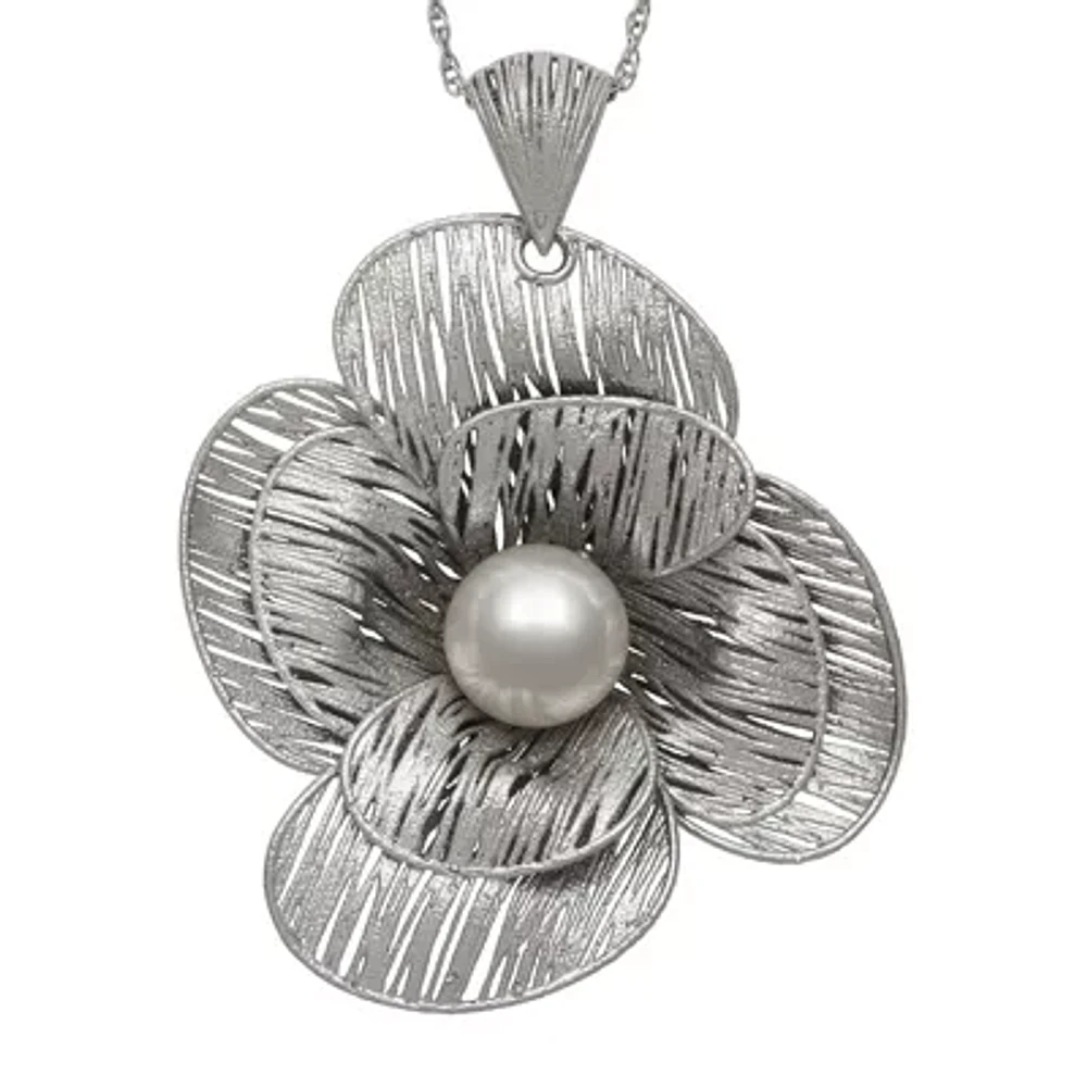 Cultured Freshwater Pearl Sterling Silver Flower Pendant Necklace 