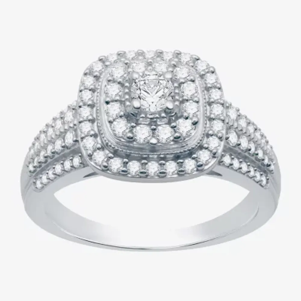 I Said Yes (H-I / I1) Womens 3/4 CT. T.W. Lab Grown White Diamond Sterling Silver Cushion Side Stone Halo Engagement Ring