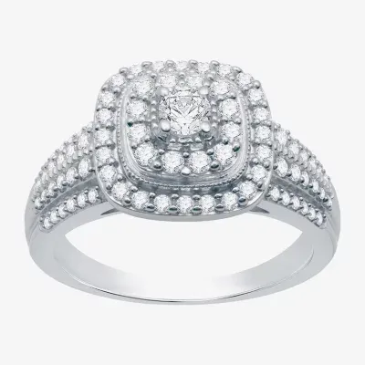 I Said Yes (H-I / I1) Womens 3/4 CT. T.W. Lab Grown White Diamond Sterling Silver Cushion Side Stone Halo Engagement Ring