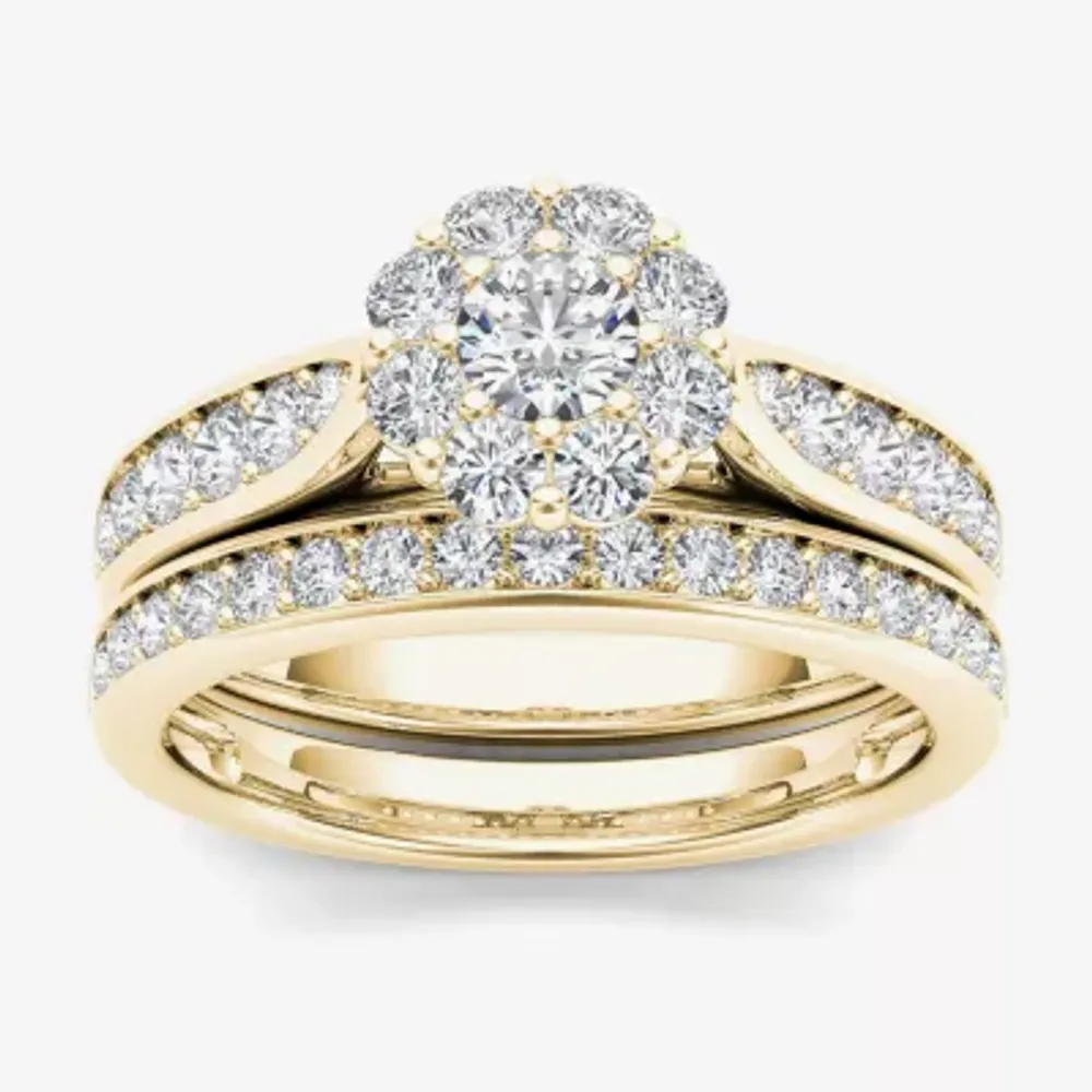 Womens 1 CT. T.W. Natural White Diamond 14K Gold Round Halo Bridal Set