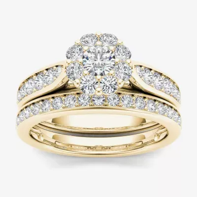Womens 1 CT. T.W. Natural White Diamond 14K Gold Round Halo Bridal Set