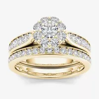 Womens 1 CT. T.W. Mined White Diamond 14K Gold Round Halo Bridal Set