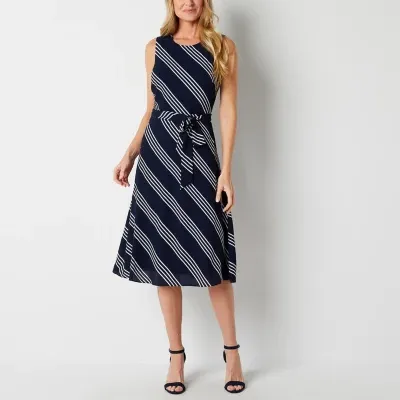 Liz Claiborne Womens Sleeveless Striped Midi A-Line Dress