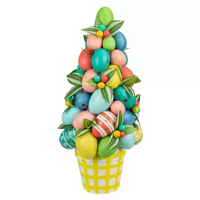 Northlight 17in Colorful Egg Tree In Yellow Gingham Pot Easter Tabletop Decor