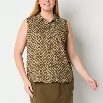 Liz Claiborne Plus Womens Sleeveless Regular Fit Button-Down Shirt