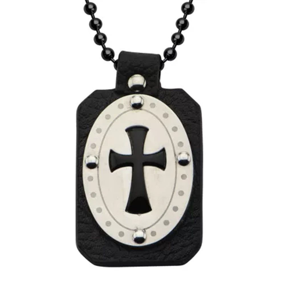 Inox® Jewelry Mens Genuine Onyx & Leather Stainless Steel Cross Pendant Necklace