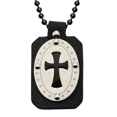 Inox® Jewelry Mens Genuine Onyx & Leather Stainless Steel Cross Pendant Necklace