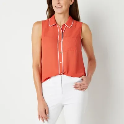 Liz Claiborne Womens Sleeveless Loose Fit Button-Down Shirt