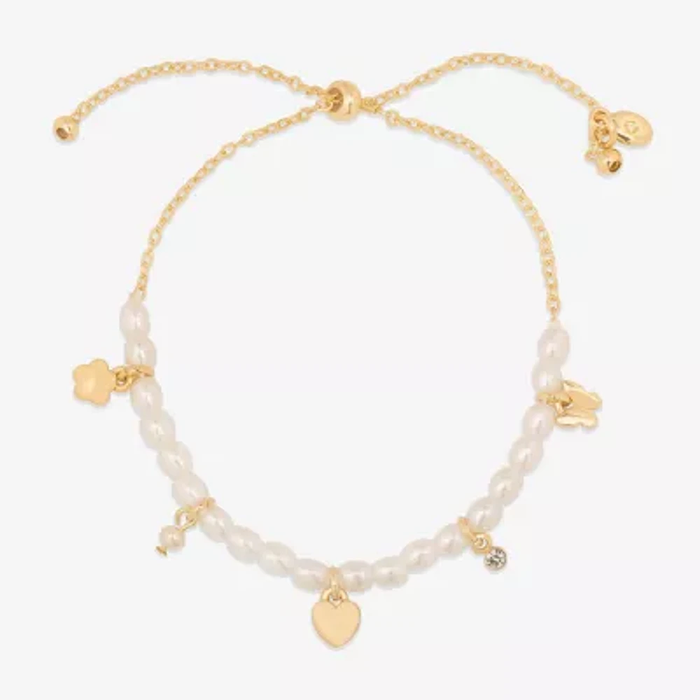 Bijoux Bar Delicates Gold Tone Glass Simulated Pearl Link Heart Chain Bracelet