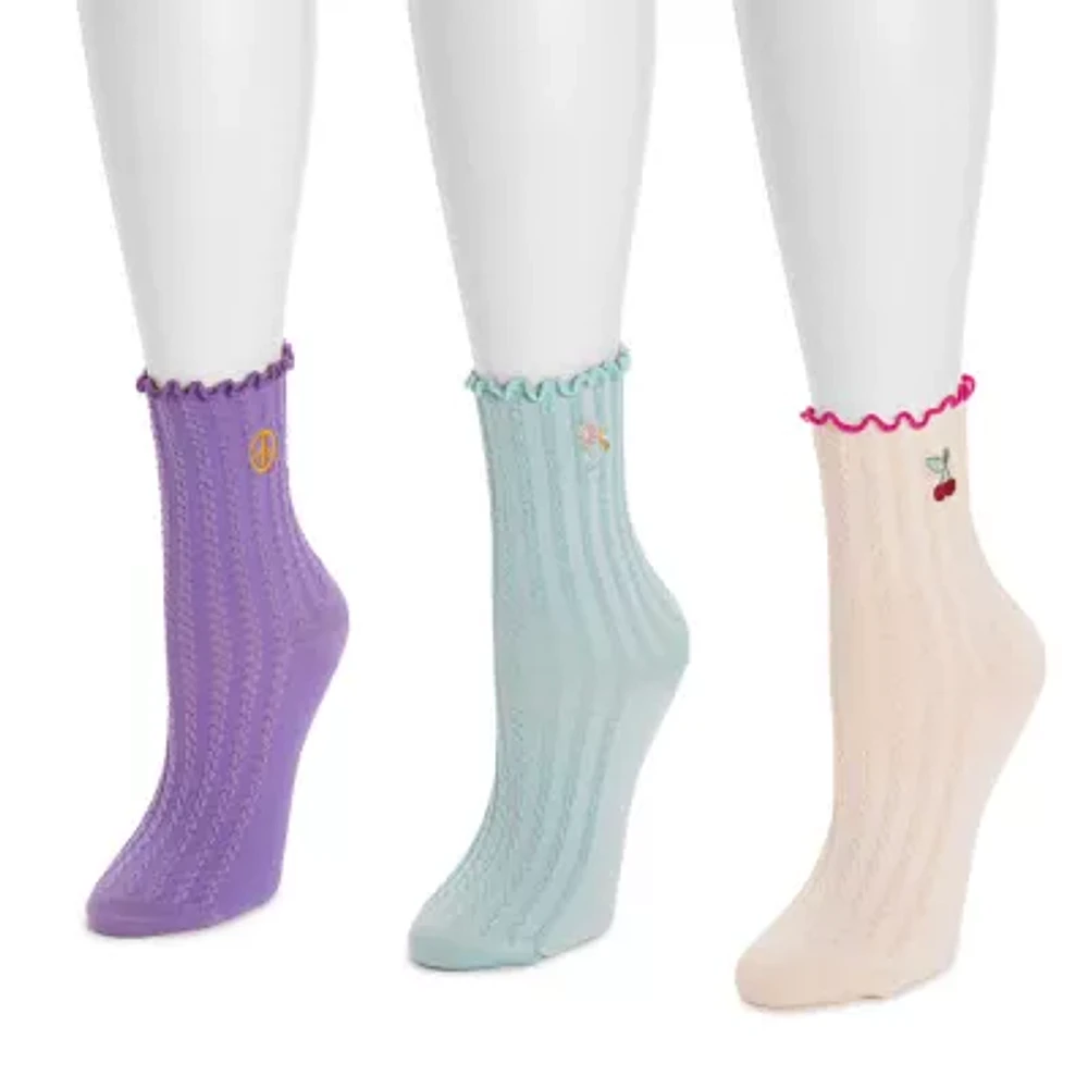 Muk Luks Embroidered 3 Pair Crew Socks Womens