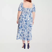 Clover And Sloane Womens Short Sleeve Floral Midi Fit + Flare Dress Plus