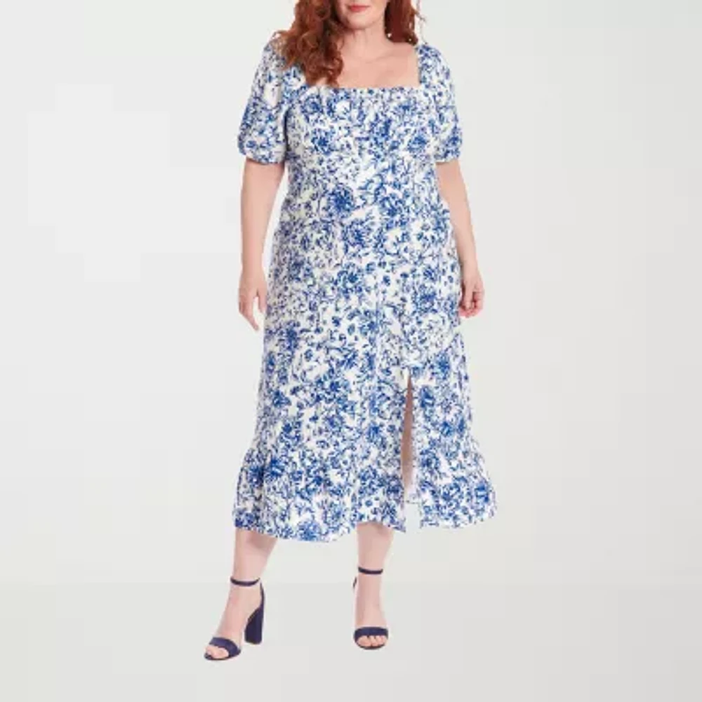 Clover And Sloane Womens Short Sleeve Floral Midi Fit + Flare Dress Plus