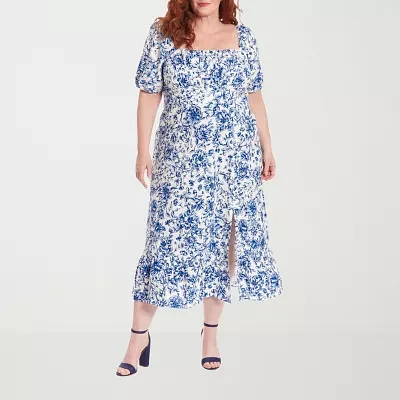 Clover And Sloane Womens Short Sleeve Floral Midi Fit + Flare Dress Plus