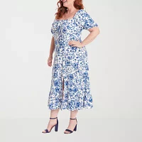 Clover And Sloane Womens Short Sleeve Floral Midi Fit + Flare Dress Plus