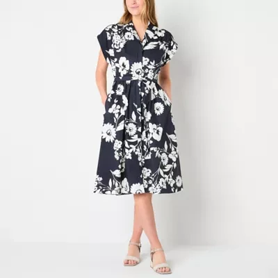 Studio 1 Womens Short Sleeve Floral Midi Shirt Dress