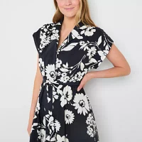 Studio 1 Womens Short Sleeve Floral Midi Shirt Dress