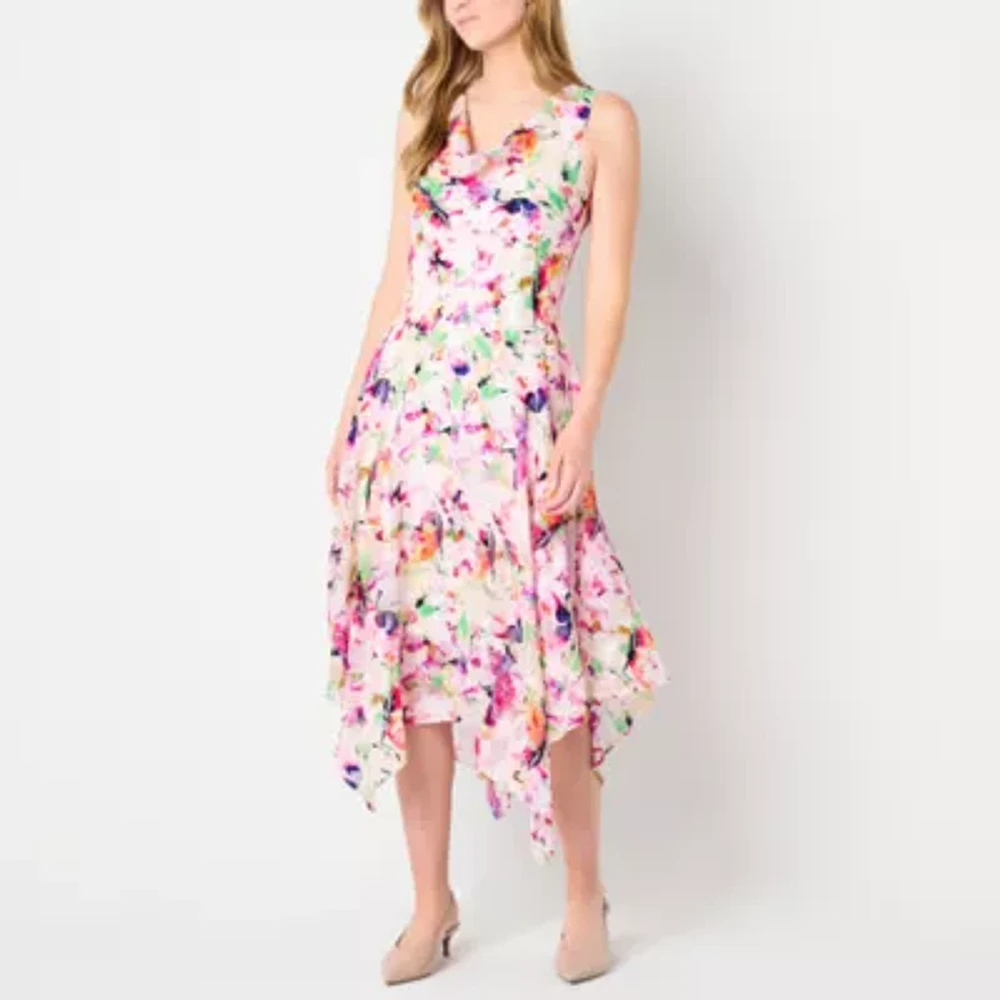 Robbie Bee Womens Sleeveless Floral Midi Fit + Flare Dress