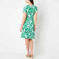 Perceptions Womens Short Sleeve Floral Midi Fit + Flare Dress Petite