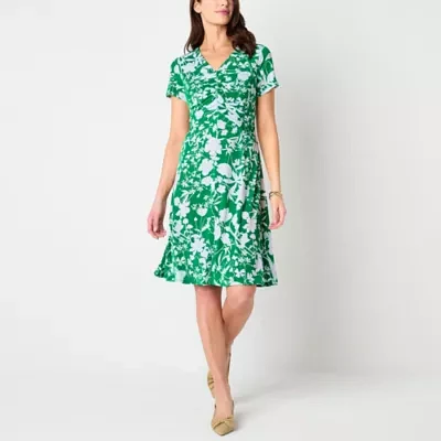 Perceptions Womens Short Sleeve Floral Midi Fit + Flare Dress Petite