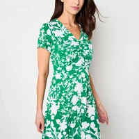 Perceptions Womens Short Sleeve Floral Midi Fit + Flare Dress Petite