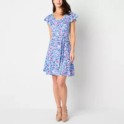 Perceptions Womens Sleeveless Floral Fit + Flare Dress Petite