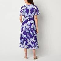 Liz Claiborne Womens Short Sleeve Floral Midi Wrap Dress