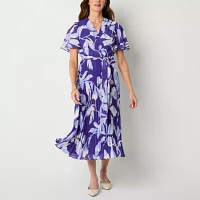 Liz Claiborne Womens Short Sleeve Floral Midi Wrap Dress