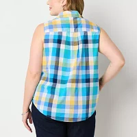 St. John's Bay Plus Womens Sleeveless Regular Fit Button-Down Shirt
