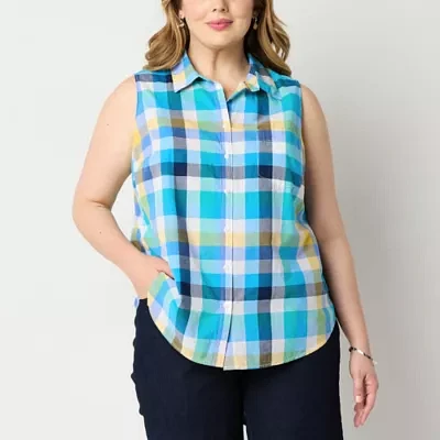 St. John's Bay Plus Womens Sleeveless Regular Fit Button-Down Shirt