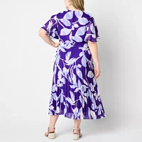 Liz Claiborne Womens Short Sleeve Floral Midi Wrap Dress Plus
