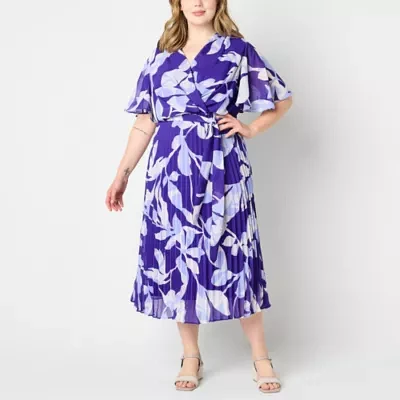 Liz Claiborne Womens Short Sleeve Floral Midi Wrap Dress Plus