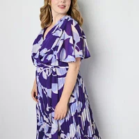 Liz Claiborne Womens Short Sleeve Floral Midi Wrap Dress Plus