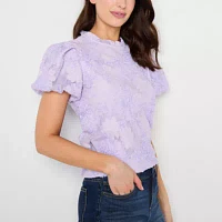 52seven Womens Mock Neck Short Sleeve Lace Blouse