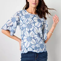 52seven Womens U Neck Short Sleeve Embroidered Blouse