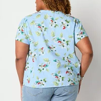 St. John's Bay Plus Womens Split Tie Neck Short Sleeve Blouse