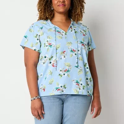 St. John's Bay Plus Womens Split Tie Neck Short Sleeve Blouse