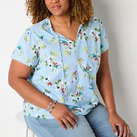 St. John's Bay Plus Womens Split Tie Neck Short Sleeve Blouse