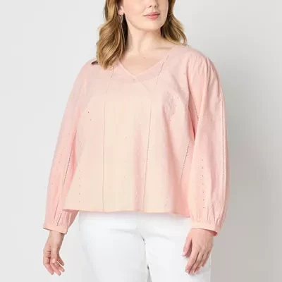 Liz Claiborne Plus Womens V Neck Long Sleeve Blouse