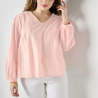 Liz Claiborne Plus Womens V Neck Long Sleeve Blouse