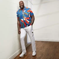 Shaquille O'Neal XLG Linen Cotton Big and Tall Mens Regular Fit Short Sleeve Floral Button-Down Shirt