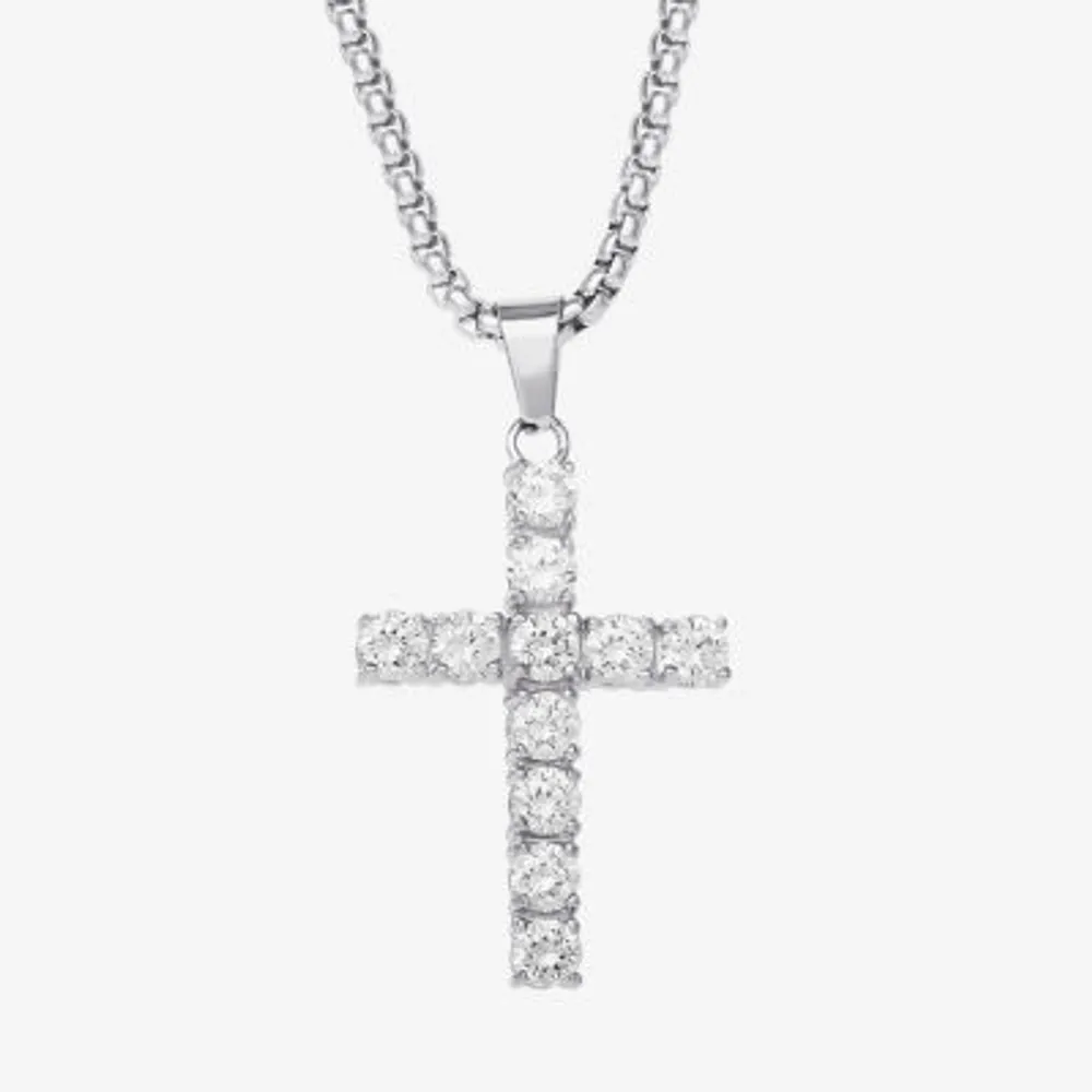 Shaquille O'Neal XLG Mens White Cubic Zirconia Stainless Steel Cross Pendant Necklace