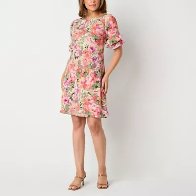 Perceptions Womens Short Sleeve Floral Shift Dress Petite