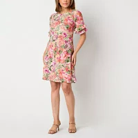 Perceptions Womens Short Sleeve Floral Shift Dress Petite