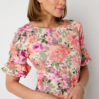 Perceptions Womens Short Sleeve Floral Shift Dress Petite