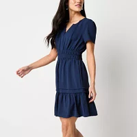 Be by CHETTA B Womens Short Sleeve Fit + Flare Dress Petite