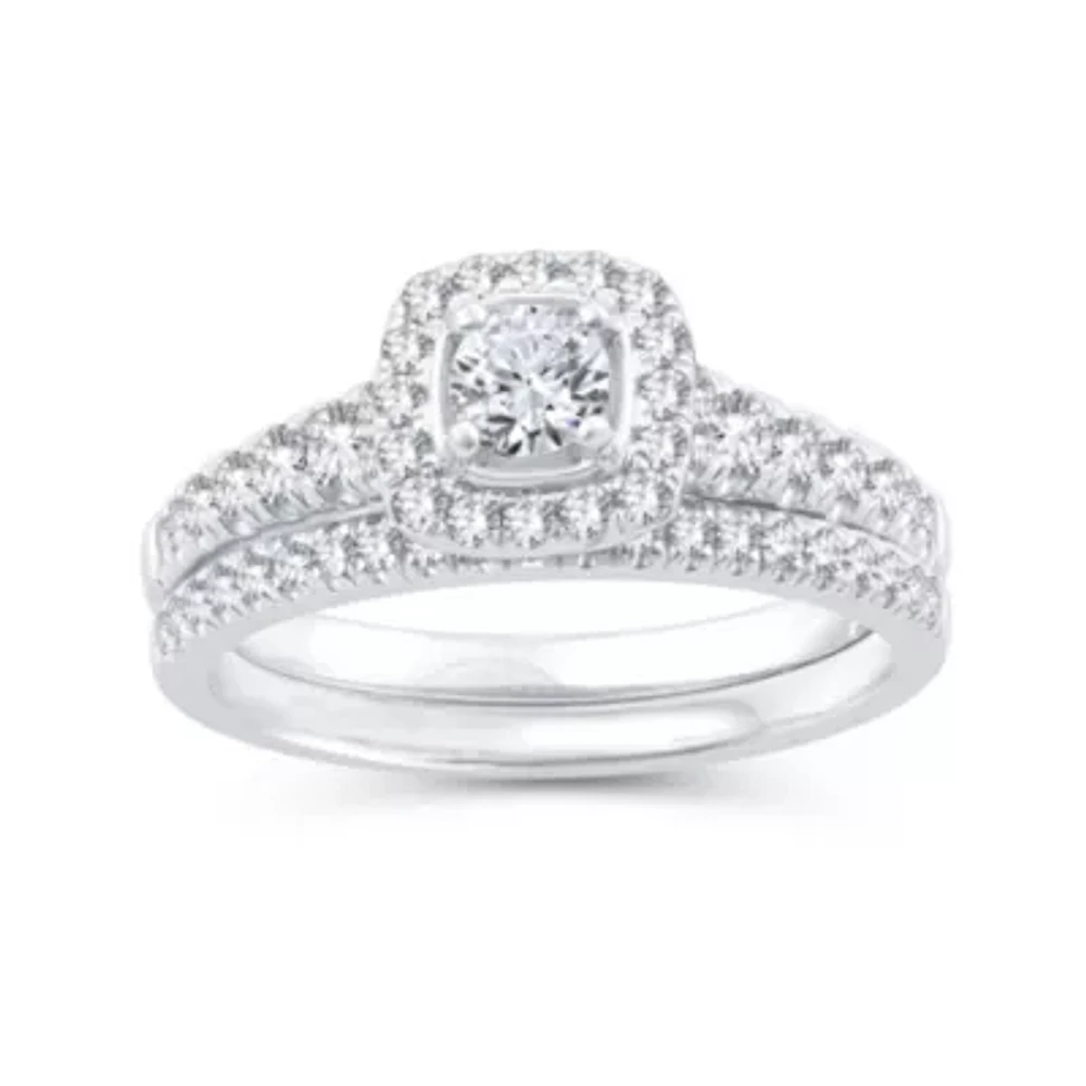 Womens 1 CT. T.W. Natural Diamond 10K White Gold Cushion Bridal Set
